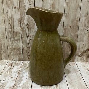 Vintage Signed Art Pottery Stoneware Green 10” Pitcher